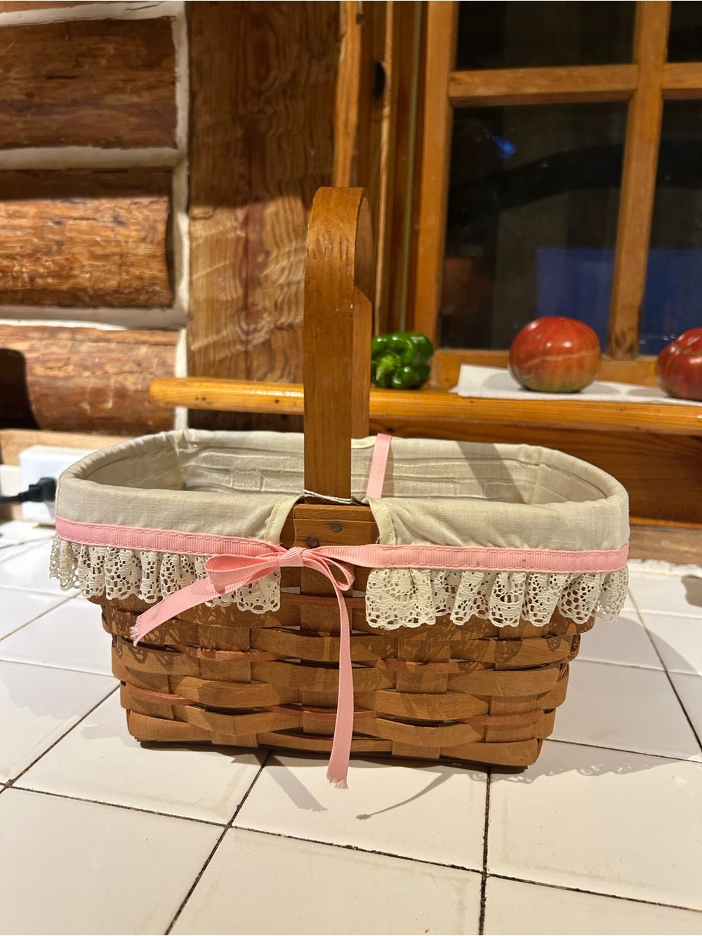 1988 Lonaberger Woven Wood Basket with Cream Liner and Pink Trim